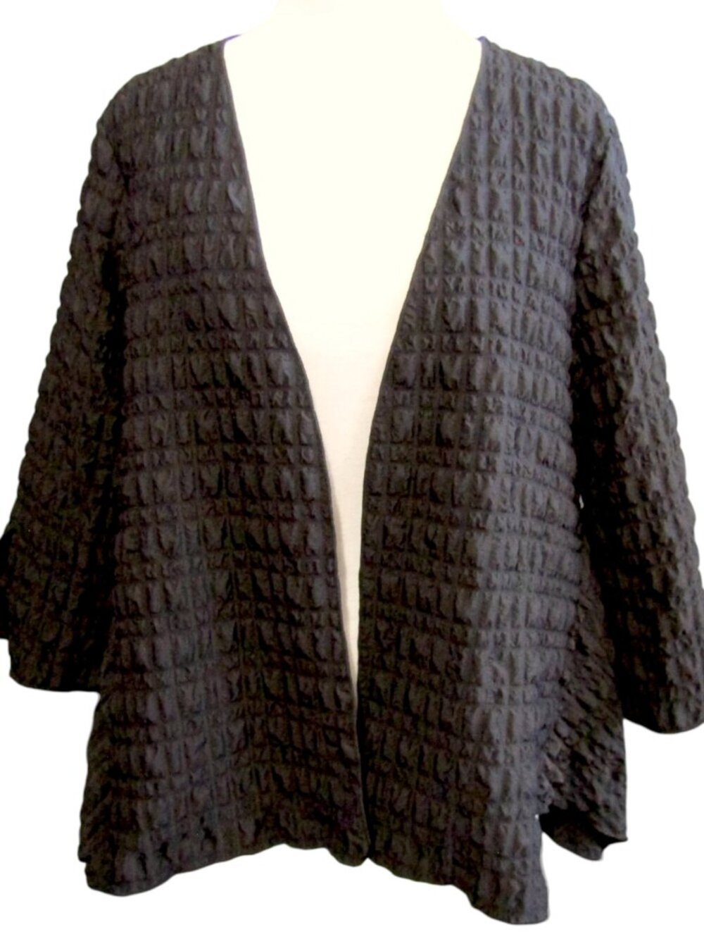 IC by Connie K Black Seersucker Square Open Jacket Size L Art To Wear 3/4 Sleeve